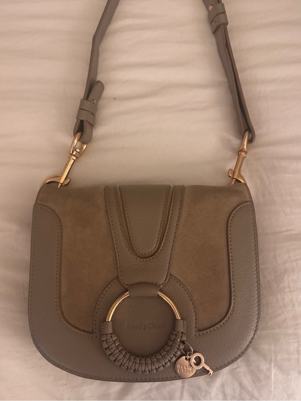 See By Chloe Taupe Crossbody Bag with Gold Ring Charm